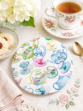 Vintage 1995 Design Imports Italy Teapot Trivet Plate Tea Party Decor 8”